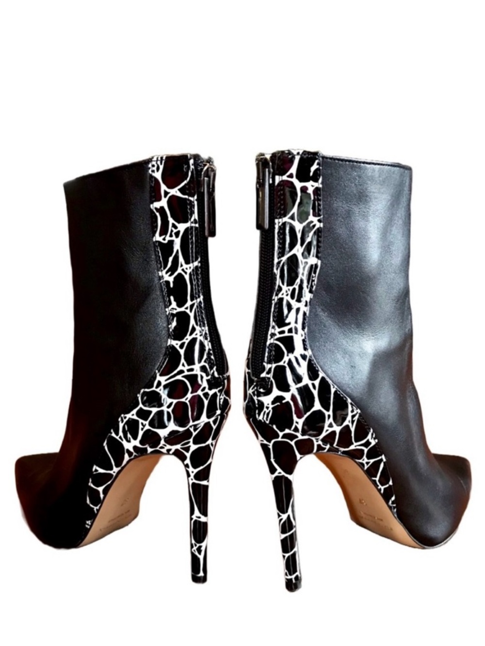 IDENTITA BLACK & WHITE ANIMAL PRINT BACK "CANDICE" STILETTO HEEL BOOTS (37)